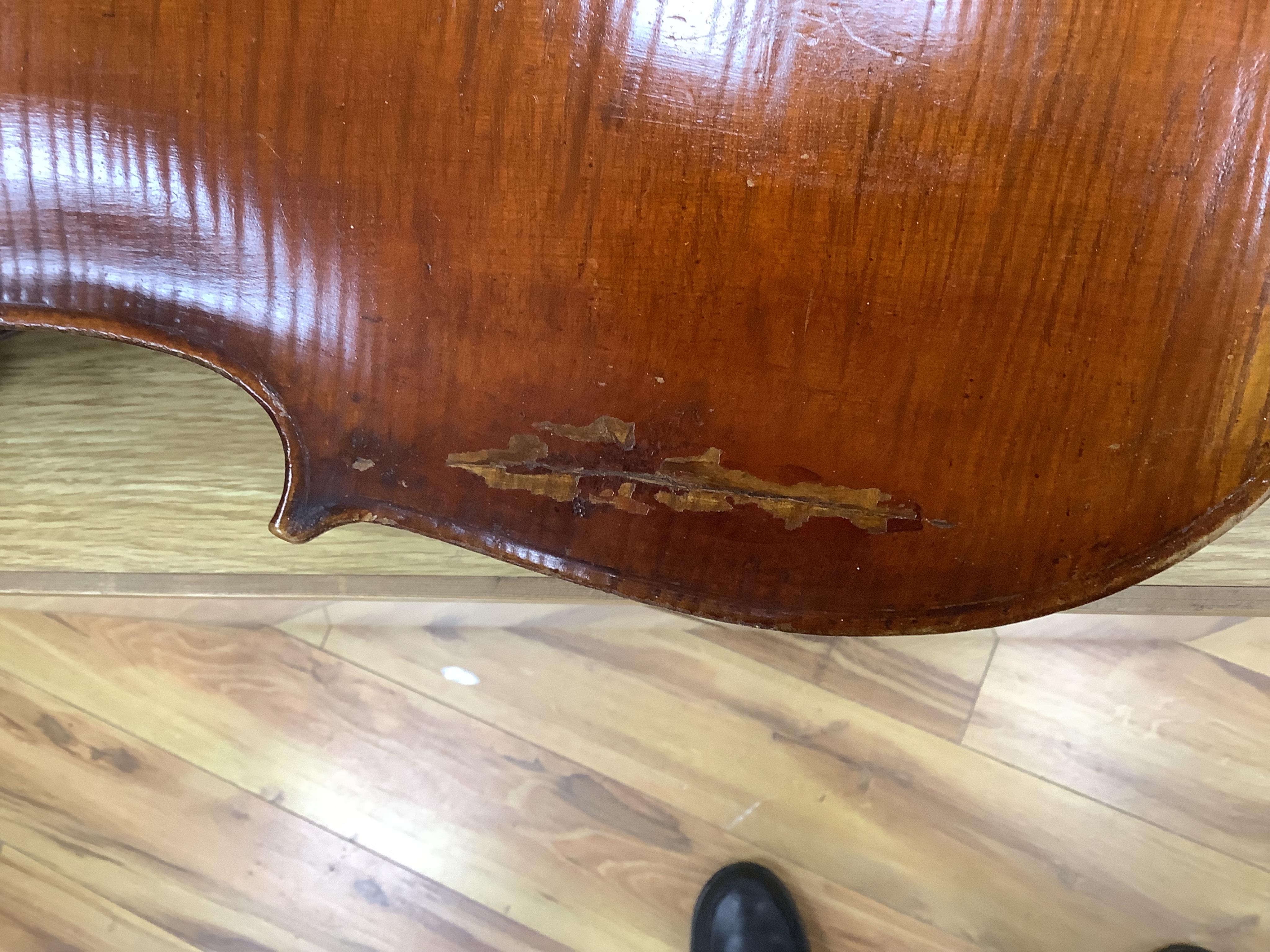 A cased late 19th century German? cello, body length 75cm, together with two bows. Condition - fair to good.